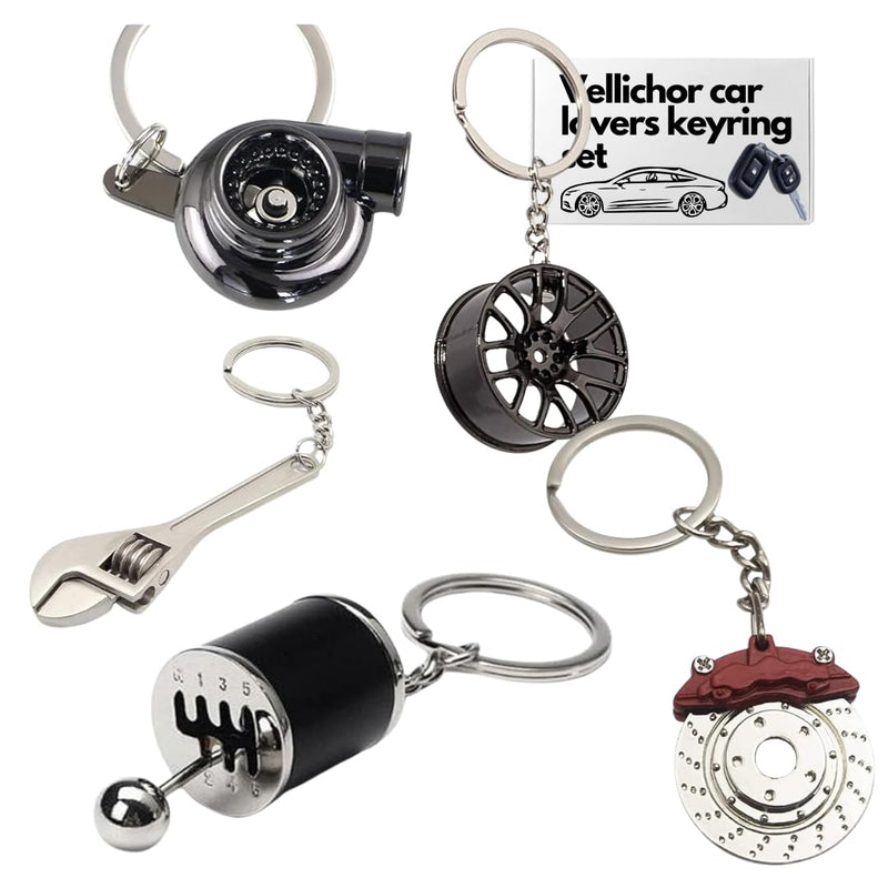5pc Car Lovers Key Chain Set - Manual Gear Shifter | Wheel Rim | Spanner | Turbo | Brake Disc Keychain | Auto Enthusiast Gift Set | Car Truck Bike | Parts Keyring
