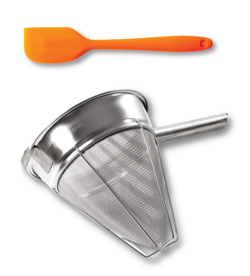 Bouillon Strainer - Stainless Steel Fine Mesh Metal Food Chinois, Cone Separator, Kitchen Colander Sieve for Sauce Jam Jelly Tea, 8" - With Spatula
