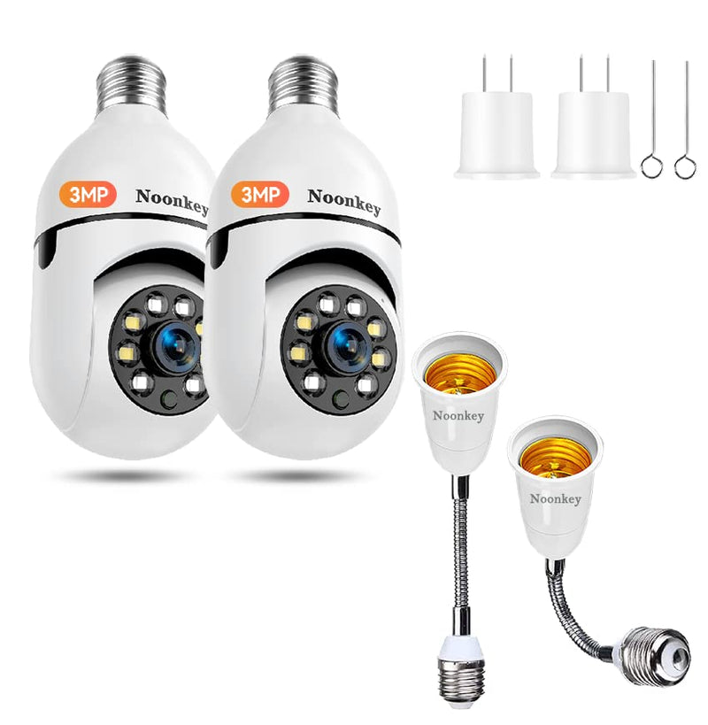 3MP Light Bulb Security Camera and Light Socket Extender, WiFi Security Cameras with Alexa, Automatic Human Tracking, Motion Zones Detection Alarm, Color Night Vision, 2-Pack