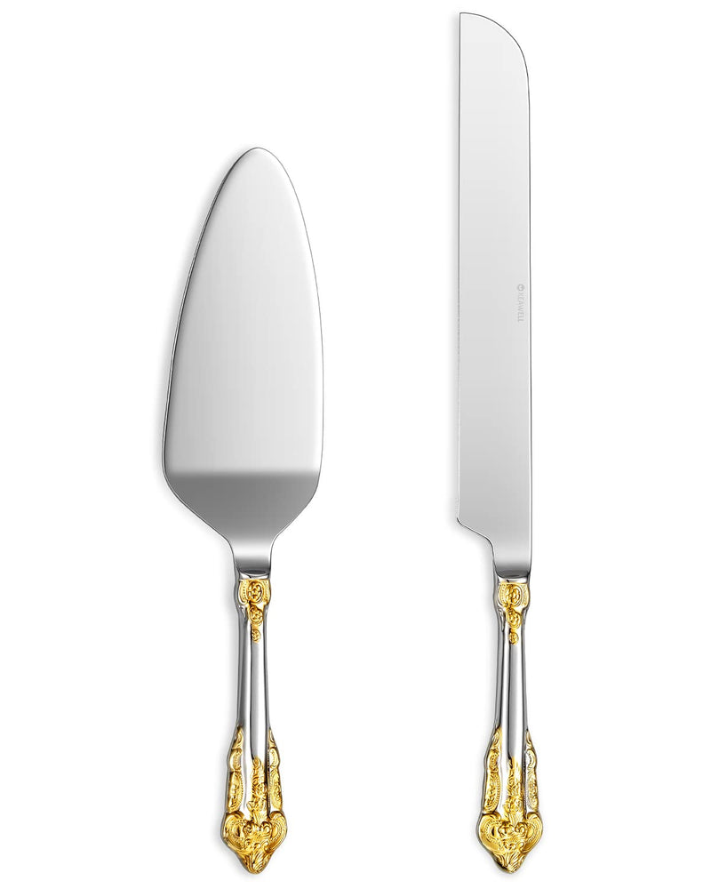 KEAWELL Gorgeous Wedding Cake Knife and Server Set, 18/10 Stainless Steel, Fine Luxury Cake Cutting Set (Gold Accent) Gold Accent