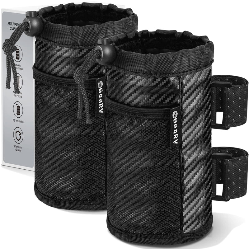 GEARV 2Pack Cup Holder for Bike, Scooter and Wheelchair, Water Bottle Holder for UTV/ATV, Walker, Golf Cart and Beach, Universal Drink Holder Accessories with Net Pocket and Cord Lock (Carbon Fiber) Carbon Fiber Black