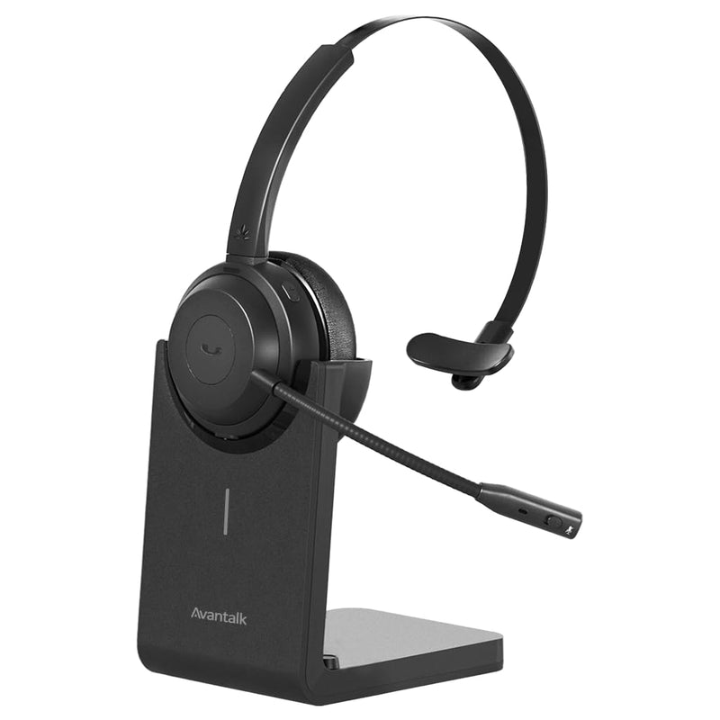 Avantree Alto Solo - Wireless Work Headset with Charging Stand | Qualcomm Bluetooth headset with CVC noise-canceling mic, mute control.