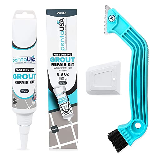 Penta USA White Grout Filler and Grout Removal Tool Bundle Set - 8.8 oz Fast Drying Grout Repair Kit, Restores Tiles Joints, Tile Grout Scraper Saw