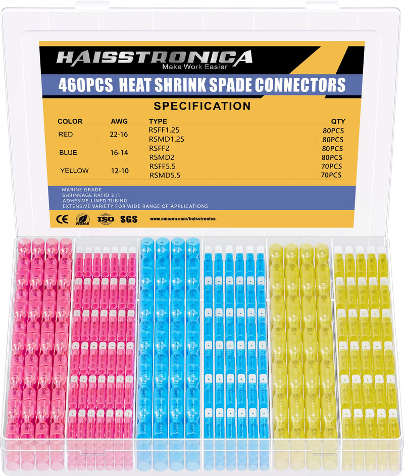 haisstronica 460PCS Heat Shrink Spade Connectors,AWG 22-10 Female and Male Wire Connectors,Quick Disconnect Spade terminlas AWG 22-10 Male&Female Kit 460PCS