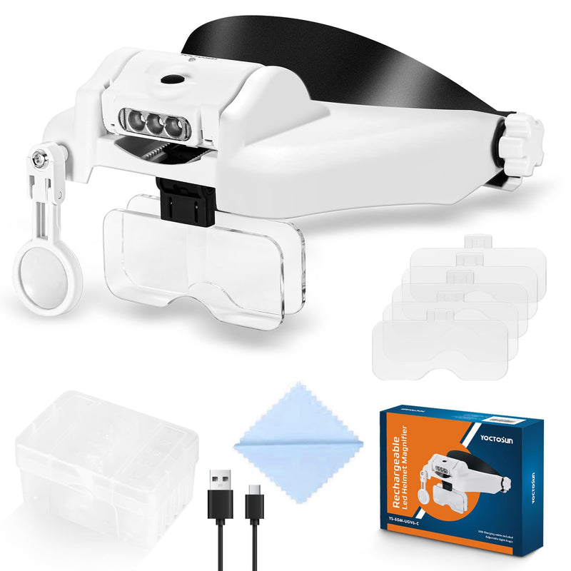 YOCTOSUN LED Headband Magnifier, Rechargeable Illuminated Magnifying Visor -1X to 14X Zoom, Hands Free Head Mounted Magnifying Glasses with Lights for Close Work, Sewing, Crafts, Jewelry, Watch Repair Headband Magnifier 1X-14X