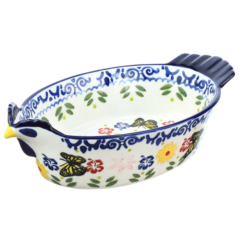 Vintage Butterfly and Flower Pattern Pie Pan, Chicken Shape Ceramic Bakeware Casserole Dish Baking Pan Bakers Lasagna Pans Soup Bowl Baking Dish for Oven to Table-Blue-25 OZ Blue 25 OZ