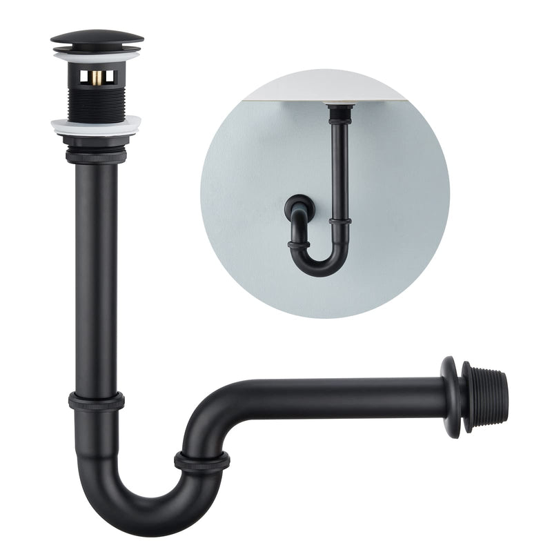 Brass P Trap with Bathroom Sink Stopper : 1-1/4 Sink Drain Bottle Trap Set with Overflow - Adjustable Height, Matte Black - Complete Basin Sink Plumbing Kit for Pipe Replacement Black - With Overflow
