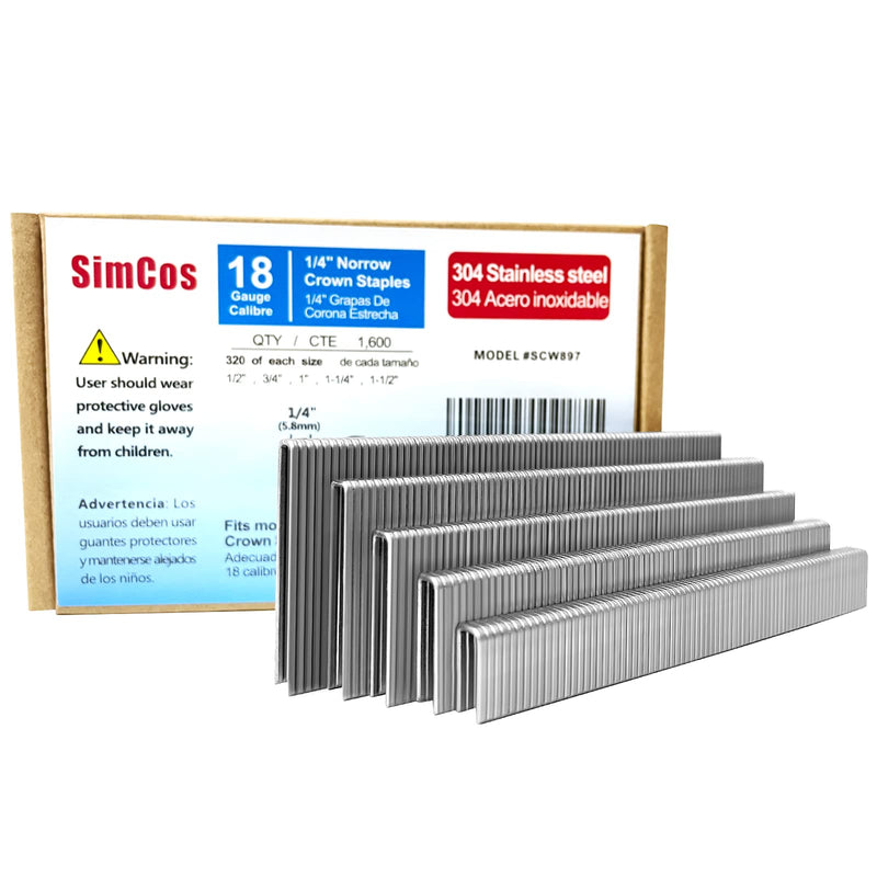18 Gauge 1/4" Narrow Crown Staples 1-1/2",1-1/4" 1", 3/4", 1/2" | 304 Stainless Steel, Assorted 1600 pcs for 18 GA Pneumatic or Electric Stapler or Staple gun,Project Pack 1/2"+3/4"+1"+1-1/4"+1-1/2"--1600pcs