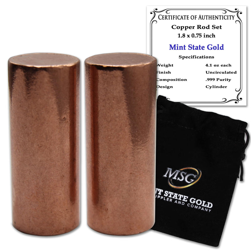 Premium Copper Round Rod Set - 2 Piece (1.8" x 0.75") - 99.9% Pure - Velvet Pouch & Authenticity Certificate Included by Mint State Gold