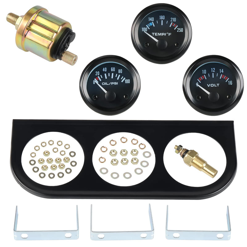 WATERWICH 3-in-1 Car Marine Meter Auto Gauge Kit: Voltmeter + Water Temperature + Oil Pressure Gauge, 2" (52mm), Universal for Car, SUV, Truck, Motorcycle, Tractor & Marine Engines Black
