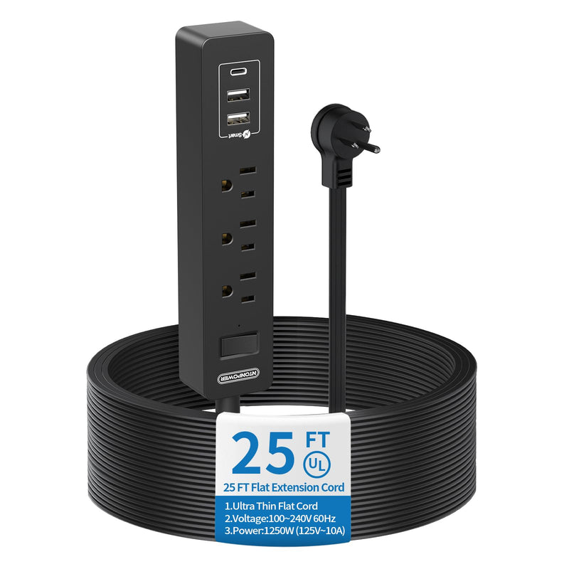 Flat Plug Extension Cord 25 Ft, NTONPOWER Ultra Thin Flat Extension Cord Under Carpet, Rug, Door, 3 Outlets Power Strip with 3 USB (1USB-C), Wall Mount,Overload Protection for Home Office, Black