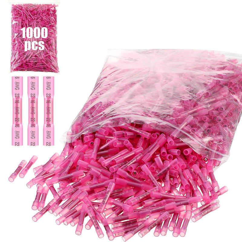 Frienda 1000 Pcs Heat Shrink Butt Wire Connectors Red Awg 22-18 Insulated Waterproof Electrical Wire Connectors Automotive Marine Grade Crimp Terminals Butt Splices for Boats, Industrial, Home Awg 22-16