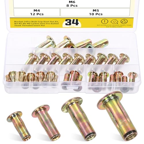 34Pcs 4 Sizes Multi-Grip Rivet Nut Assortment Kit, M4 M5 M6 M8 Zinc-Plated Flat Head Shank Threaded Insert Nut for Industrial Construction Fasteners M4/M5/M6/M8