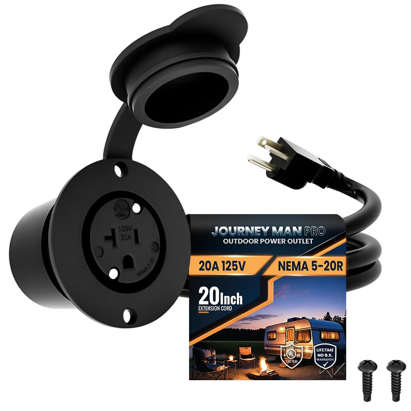 20A Weatherproof Outdoor Power Outlet by Journeyman-Pro 20 Amp 110,120-125 Volt HJP-5379-GCR2 NEMA 5-20R Receptacle Kit with Integrated 20" Extension Cord + Waterproof Rubber Cover (Black) BLACK