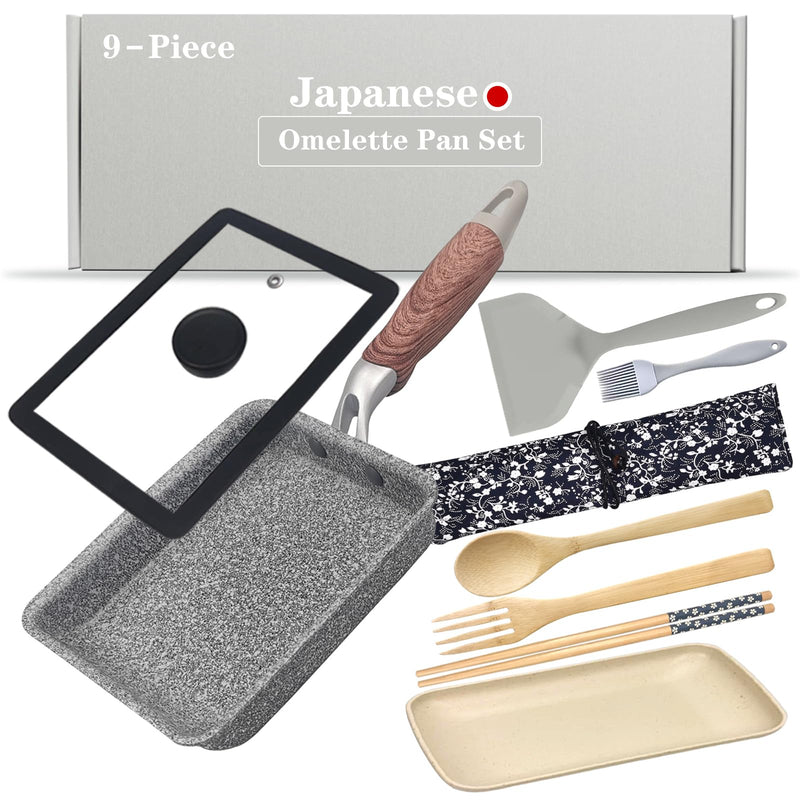 9Pcs Tamagoyaki Pan Set, Japanese Omelette Pan Nonstick with Lid, Square Japanese Egg Skillet Rectangle 7"x5" Grey Gray