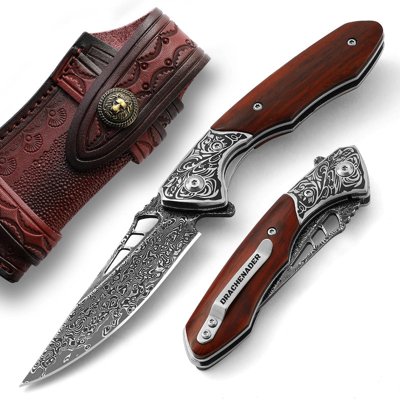 DRACHENADER Damascus Pocket Knife for Men with Clip and Leather Sheath, Handcrafted 67-Layer Damascus Steel Folding knife, Wood Handle, Ideal Gift for Father & Collector 3.4"
