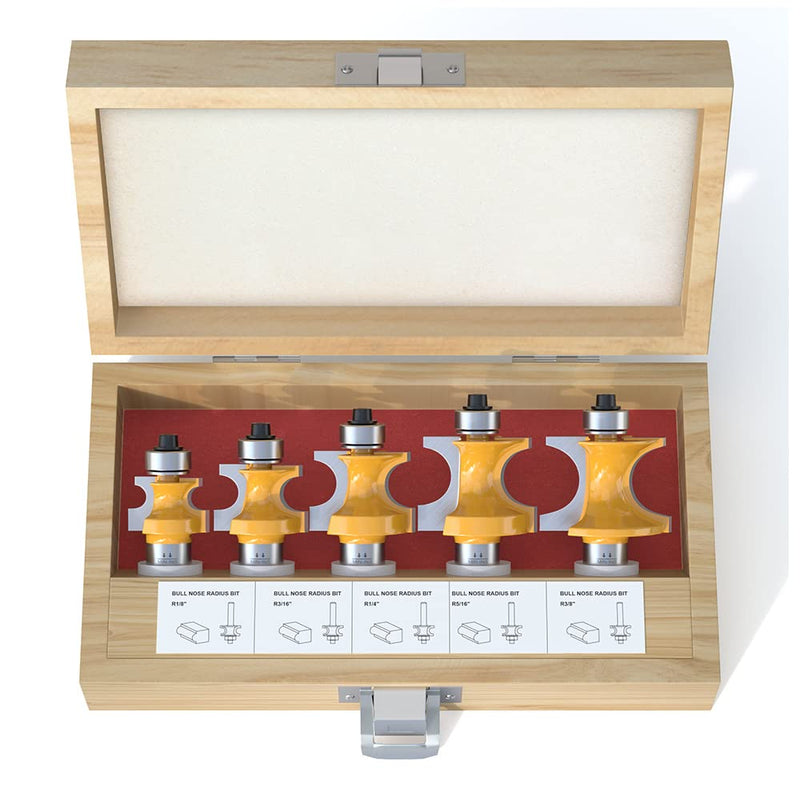 Fivepears 5Pcs Bullnose Router Bit Set 1/2 Shank, Bearing Half Round Router Bits for Woodworking, Carbide Tipped Edge Bits ,1/10" Minor Cutting Length, Radius 1/8", 3/16", 1/4", 5/16", 3/8" 5 Bits Set - 1/2" Shank