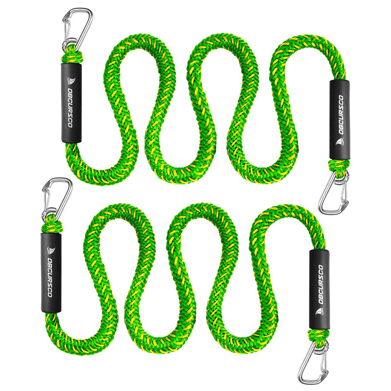 Obcursco Bungee Dock Lines - Jet Ski Rope with Double 316 Stainless Steel Clips - Shock Absorbing Boat Snubber for PWC, SeaDoo, Waverunner, Pontoon, Bass Boat (5ft, 2 Pack, Green) Yellow/Green 5-7ft