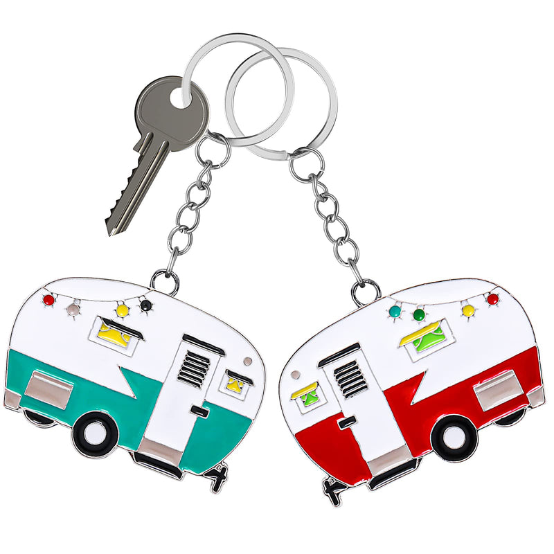 2 Pieces Camper Keychain, RV Camper Keyring Camper Accessories for Travel Trailers Retro Camping Car Keychain Red, Green