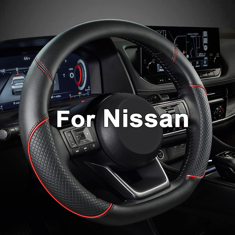 GIANT PANDA D Shape Steering Wheel Cover for Nissan Rogue Kicks - Auto Car Steering Wheel Cover Customized for Nissan Altima Sentra(Black+Red Line-D-Shaped) D-Shaped Black+Red Line