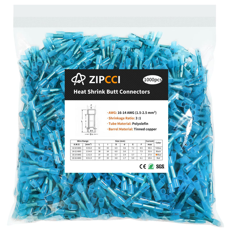 ZIPCCI 1000Pcs 16-14 AWG Blue Heat Shrink Butt Connectors, Marine Grade Insulated Splice Electrical Connectors, Waterproof Wire Connectors Terminals for Marine Crimp, Boat, Cable, Automotive Blue 1000pcs