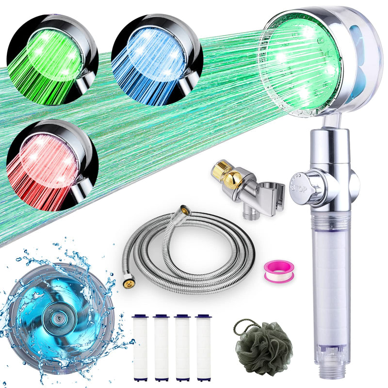ANTOWER LED Shower Head with Handheld High Pressure Shower Heads Set with 79 Inch Shower Hose,Shower Holder,4 PP Cotton Filters,Turbo Fan Shower Water Temperature-Controlled One Key Pause Switch Blue LED