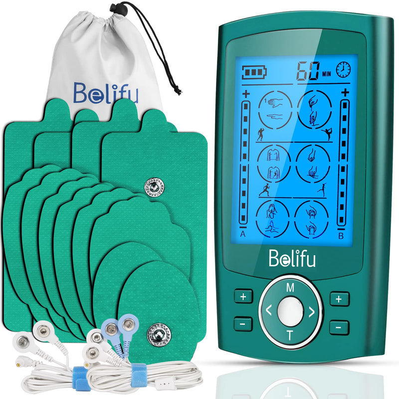 Belifu Dual Channel TENS EMS Unit with 12 Pads, 24 Modes Muscle Stimulator, Electronic Pulse Massager Muscle Massager for Pain Relief Therapy, Fastening Cable Ties, Dust-Proof Drawstring Storage Bag Green