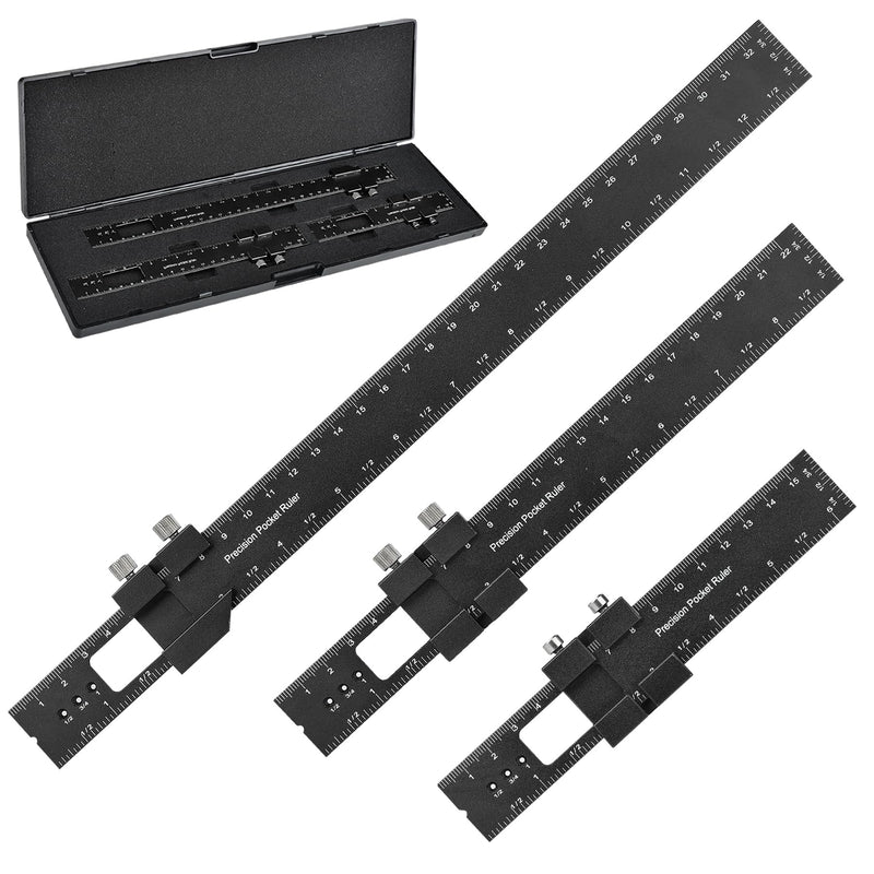 Woodworking Ruler Precision Pocket Rule - BOXmime 12,8,6 Inch Metal Slide Stop Marking Ruler Metric Inch Measuring Wood Working Scribing Rulers - Engineers Woodwork Adjustable Sliding Ruler Black