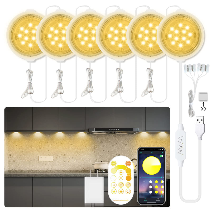 Daymeet Under Cabinet Lights for Kitchen, Dimmable LED Puck Lights Kit LED Closet Light, Plug in Under Counter Light USB Indoor Night for Shelf, Bedroom Remote Control