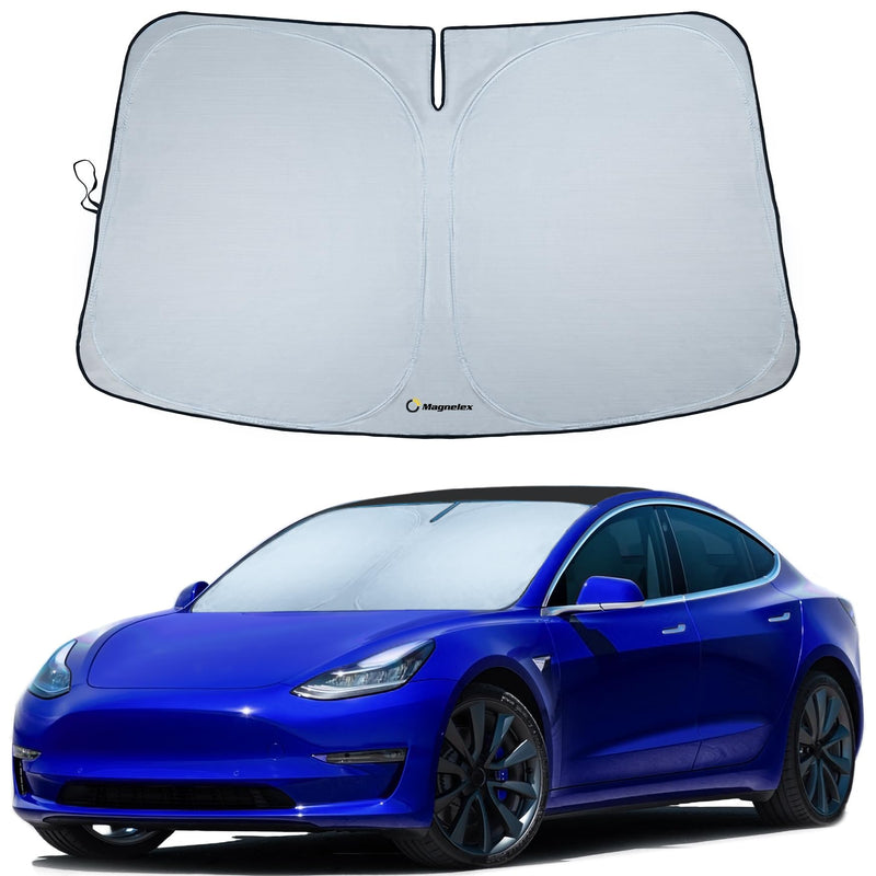 Magnelex Tesla Windshield Sunshade for Model 3 / Model Y | Reflective 240T Material Car Sun Visor with Mirror Cut-Out. Tesla Model 3 Sunshade and Tesla Model Y Sunshade | Foldable Sun Shield for Tesla Model 3/Y
