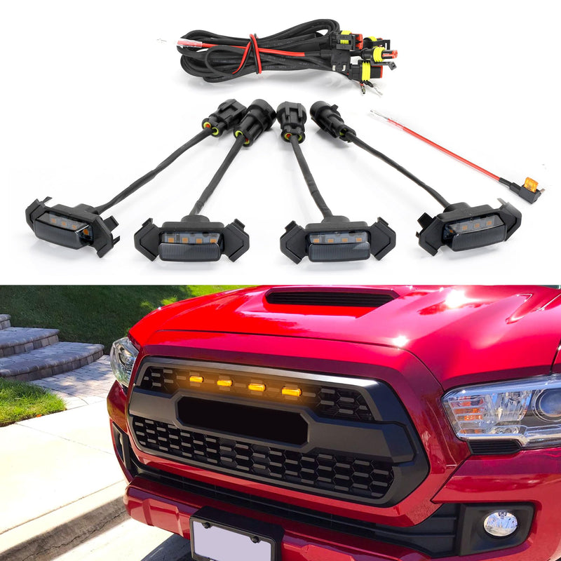  [AUSTRALIA] - Seven Sparta 4 PCS Grill Led Lights with Fuse Adaptor Compatible with 2016-2023 Toyota Tacoma TRD PRO OEM Front Grille, Not Compatible with Tacoma Off Road & Sport (Amber Light with Black Shell) Amber Light with Black Shell