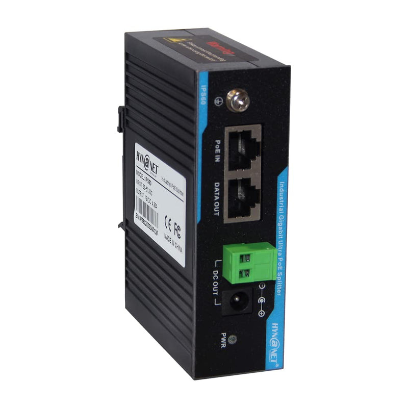 Industrial Din-Rail 802.3bt 60W Gigabit PoE++ Splitter to 12V/4.25A Power Adapter for PTZ Cameras,Access Points