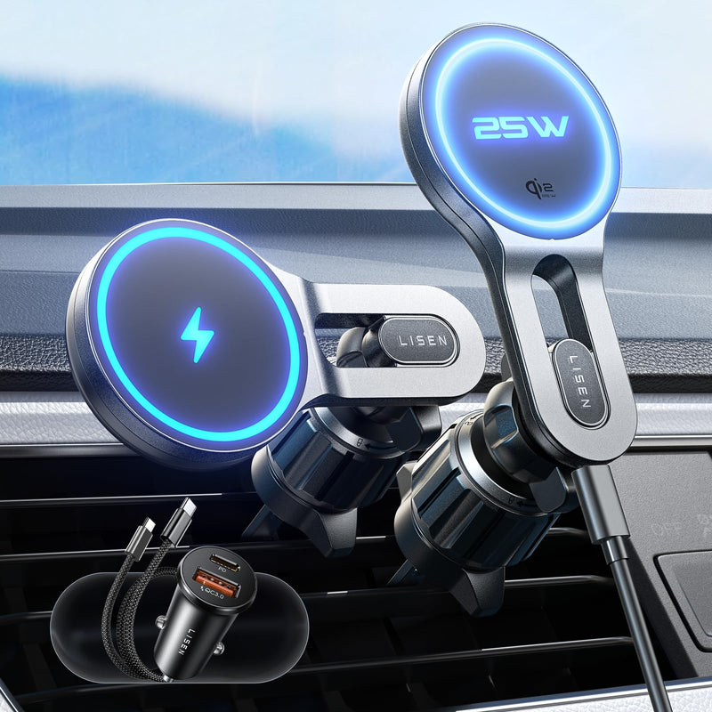 LISEN for Qi2.2 25W MagSafe Car Mount Charger,Car Vent Magnetic Car Charger | Stable & Fast Charging iPhone Car Mount,Qi2.2 Certified 25W Magsafe Car Mount, Car Vent Mount For iPhone 17 16 15 14 13 12 Black Compact/Small