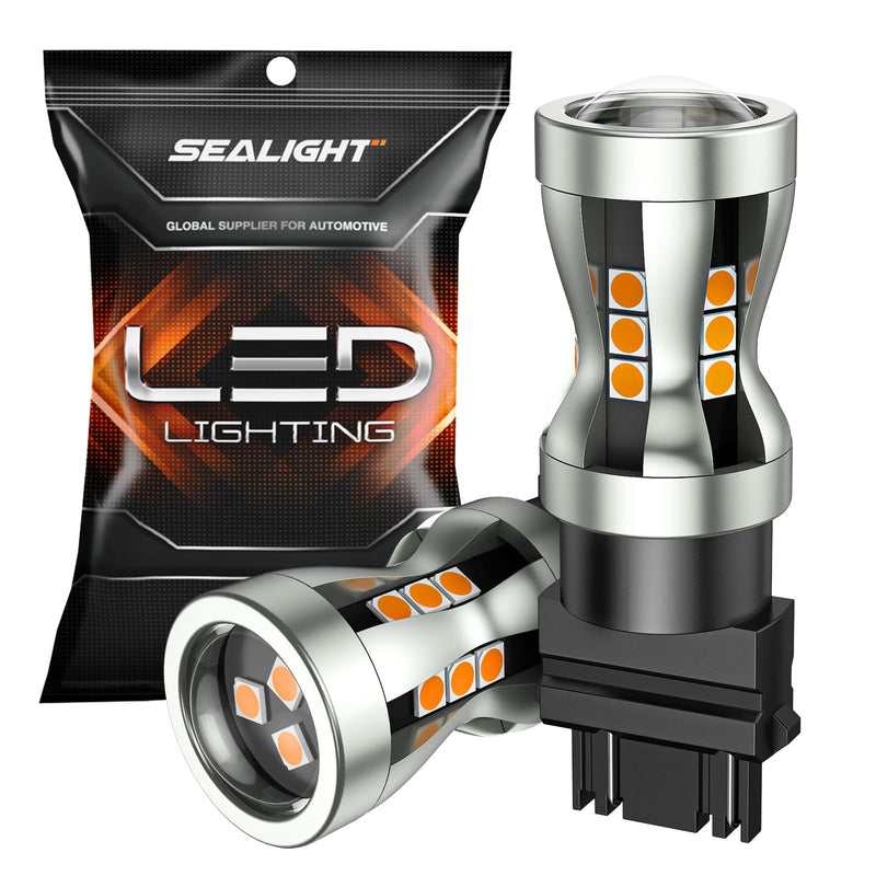 SEALIGHT 3157 LED Bulb Amber, LED Turn Signal Bulbs, Free Extra Resistor, 3156 3056 3057 Amber 2700K With Convex-Mirror for Front/Rear Turn Signal Light, Parking Light, Marker Light, 2PCS Amber/Yellow