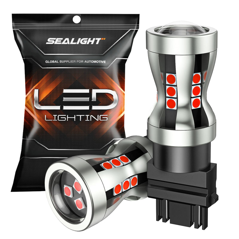 SEALIGHT LED Brake Light Bulbs, 3157 LED Red 3057 4157 T25 3156 Tail Light, 2600 Lumens Red, TailLight with Projector Lenses, Plug N Play for Rear Stop Light, Automotive Parking Light Assemblies, 2PCs Brilliant Red 3157/3156