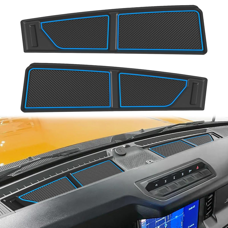 Auovo Dash Cover Tray Compatible with Ford Bronco Accessories 2025 2021 2022 2023 2024 Anti-Slip Silicone Dashboard Compartments Mat fit Bronco 2/4-Door Interior Dash Pad Liners 2-pc Set (Blue Trim) Blue 2pcs dash cover tray