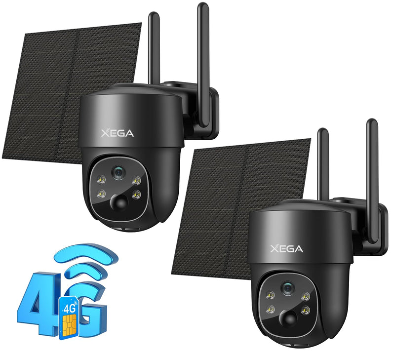 Xega 4G LTE Cellular Security Camera Solar with SIM Card【2 Pack】Wireless Outdoor No WiFi Camera,2K HD PTZ Night Vision Motion Detection 2 Way Talk TF&Cloud Storage, Only Support the Built-in SIM Card