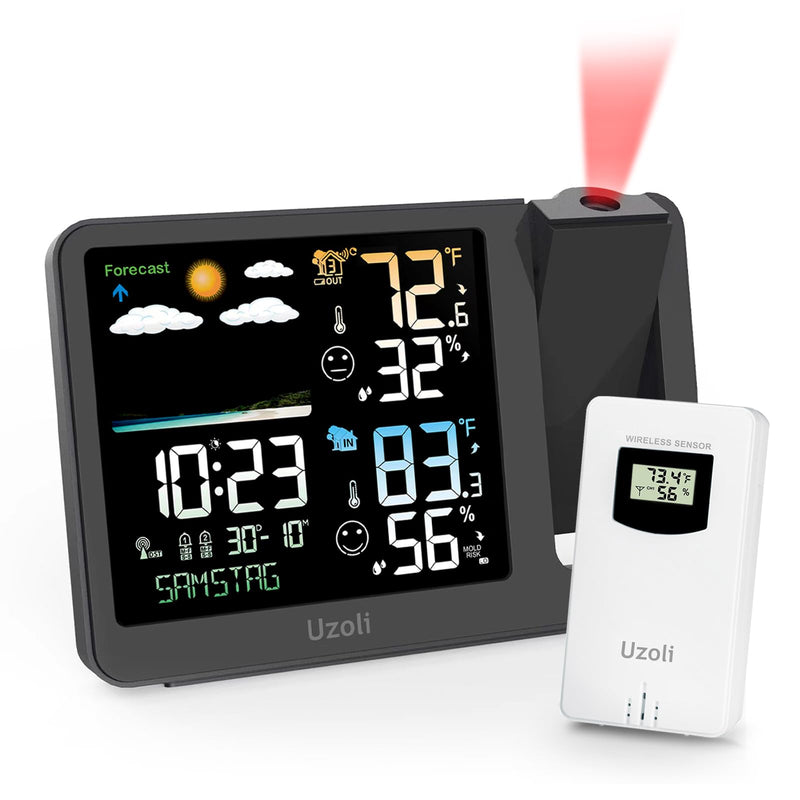 uzoli Projection Alarm Clock Weather Station, WWVB Atomic Projector Clock with Sensor, Adjustable Backlight, Indoor Outdoor Temperature Humidity, Digital Projection Clock for Bedroom Ceiling
