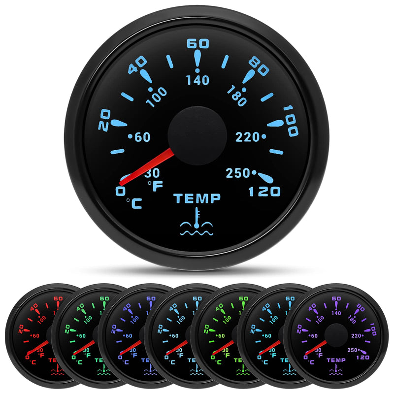 ARTILAURA Water Temp Gauge 7 Color 2-1/16" 52mm AUTO Water Temperature Meter 30-250℉ / 40-120℃ (All Black) Water Temp F