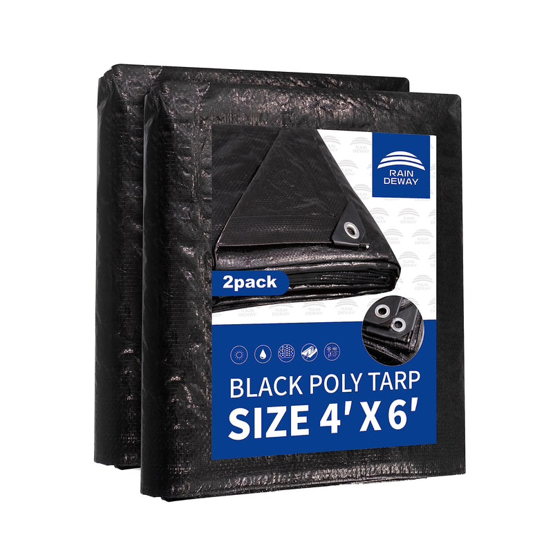 Small Black Tarps 4x6 Feet (2 Pack), UV Resistant, 8 Mil Multipurpose Medium Duty Waterproof Poly Tarp Cover with Metal Grommets and Reinforced Edges by RAINDEWAY Black-8mil 4'x6' (2 Pcs)-Finished Size