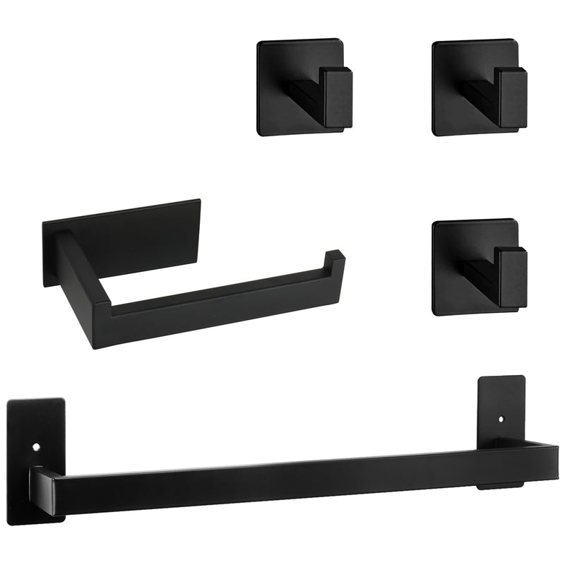 5 Pieces Self Adhesive Bathroom Hardware Set-SUS304 Stainless Steel-Towel Rack Set Include 16″Towel Bar+Toilet Paper Holder+3 Towel/Robe Hooks Bathroom Accessory (Matte Black, 16 in) Matte Black
