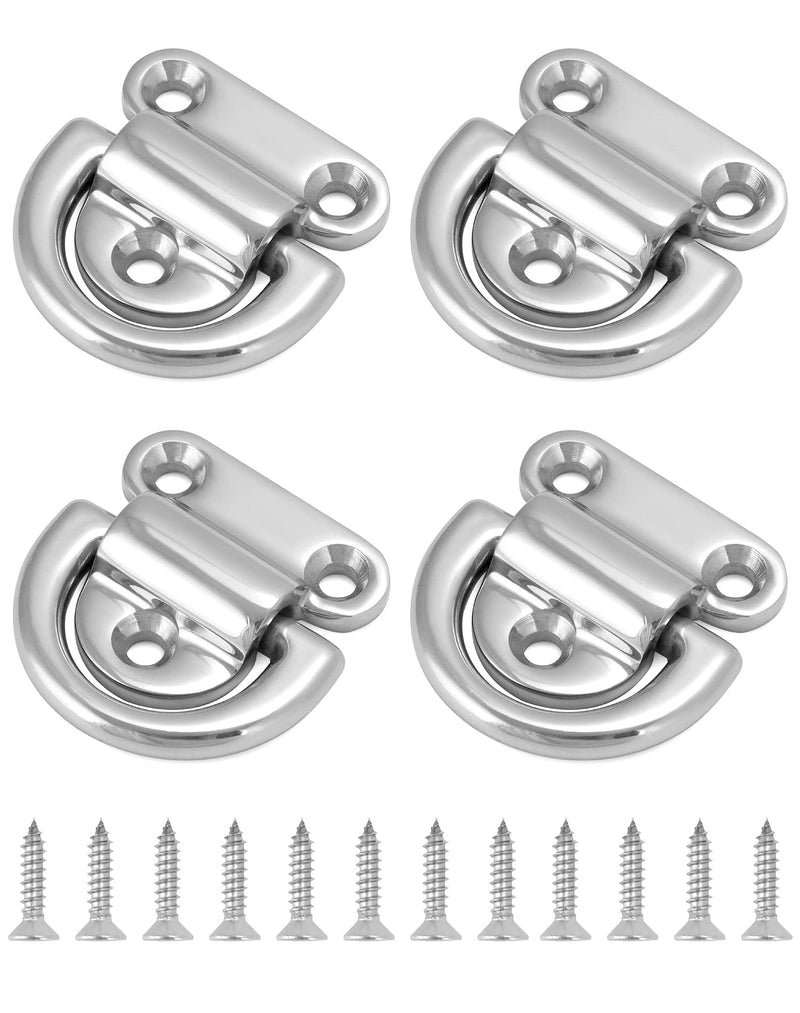 QWORK Marine Folding Pad Eye, 4 Pack Marine Grade Stainless Steel 316 D Ring Anchor, 44mm x 40mm Heavy Duty Desk Tie Down Anchor with Plate, for Marine Trailer Boats Truck