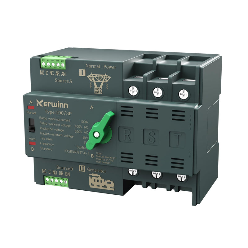 Mini ATS Automatic Transfer Switch 100 amp Manual Transfer Switch Power Transfer Switch 220V Dual Power Electrical Selector Switches DIN Rail Mount（3P） 3P