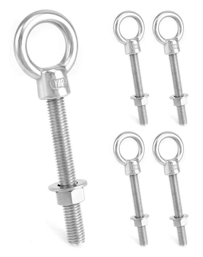 QWORK 316 Stainless Steel Machinery Eye Bolt with Shoulder, 5 Pack 1/2"x4" Long Stainless Steel Marine Grade Shoulder Eye Bolt, Threaded Eyebolts