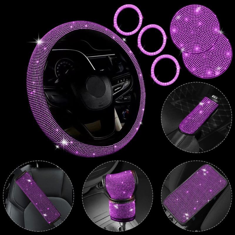 11 Pcs Bling Car Accessories Set,Bling Car Accessories Set for Women,Steering Wheel Cover for Women Universal Fit 15 Inch,Rhinestone Center Console Cover(Purple) Purple