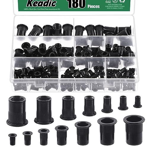 Keadic 180Pcs Carbon Steel Threaded Rivet Nuts Assortment Set M3 M4 M5 M6 M8 M10 M12 Rivnut, Zinc-Plated Black Knurled Flat Head Threaded Insert Nut for Furniture Mechanical Fasteners Metric Rivnut Assortment Set-180pcs