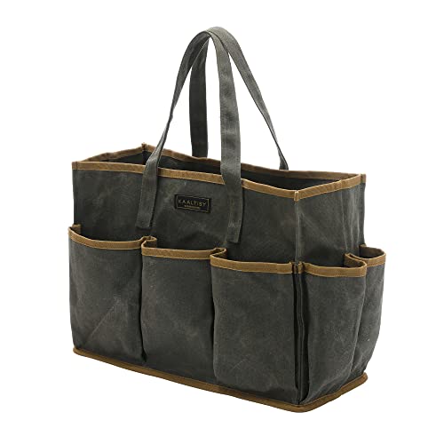 Tool Tote Bag, Heavy Duty 16oz Waxed Canvas Garden Tool Bag | Portable 11-Pocket Tool Storage Bag for Gardener Electrician Contractor Repairman (14"L x 5.5"W x 10.5"H) – Army Green ArmyGreen