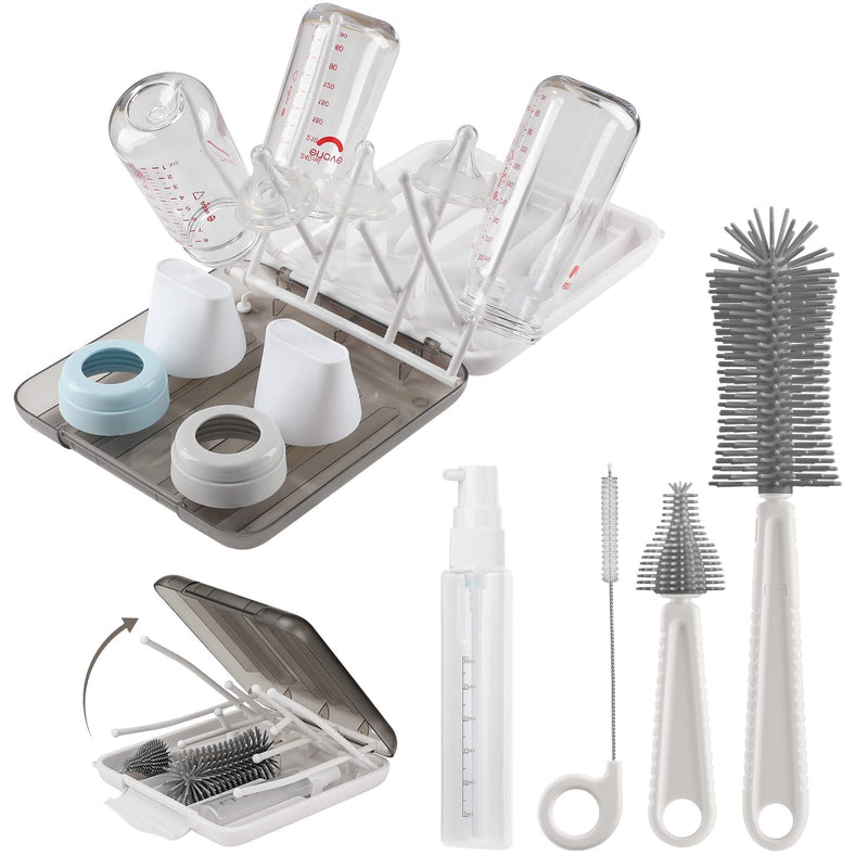 Baby Bottle Brush,6 in 1 Bottle Cleaner Set with Extendable Silicone Bottle Brush,Drying Rack,Nipple & Straw Brushes,Soap Dispenser & Organizer Case,Ideal Gifts for Babies& Moms White