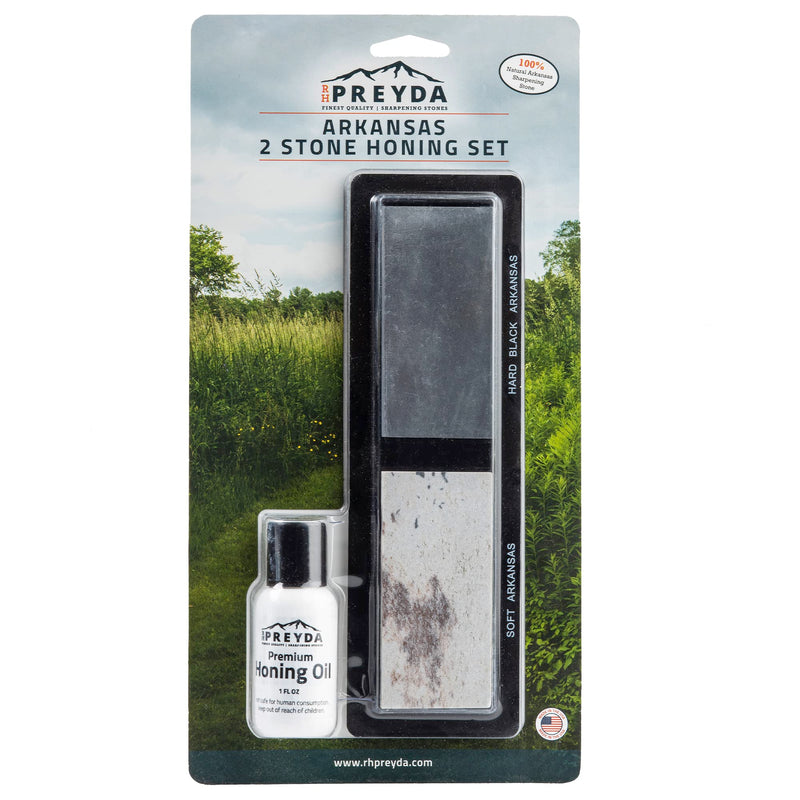 Arkansas 2-Stone Honing Set, Sharpening Stones and Premium Honing Oil for Blades, 3-1/2 x 1-5/8 x 1/2-Inch Whetstones with Non-Slip PVC Base, by RH Preyda