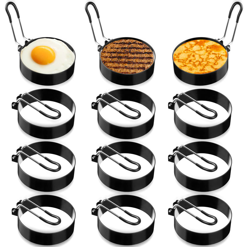 Yaomiao 12 Pcs Egg Rings for Frying Griddle Nonstick Pancake Mold Stainless Steel Egg Mold Portable Round Shaper with Handle for Cooking Griddle Camping Breakfast(3 Inch) 3 Inch